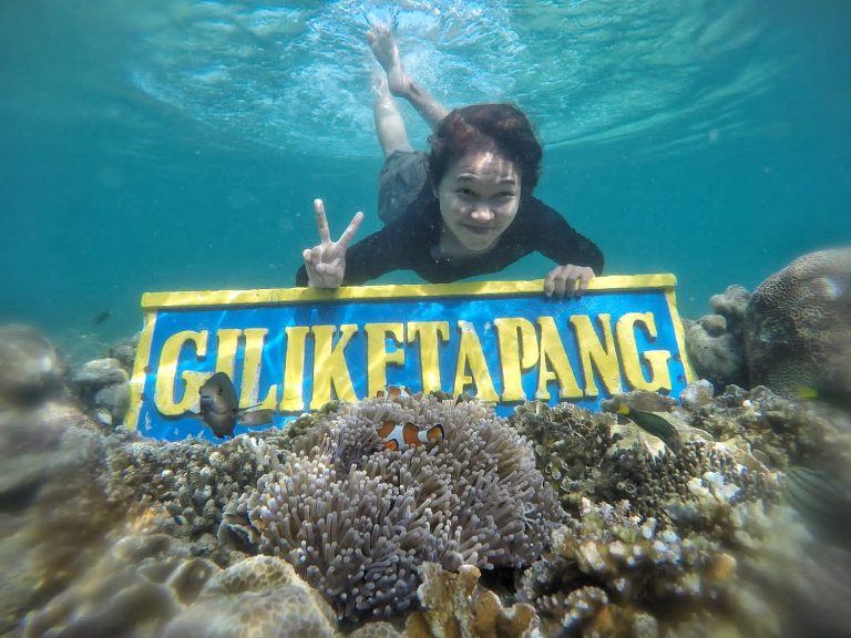 Peace from Gili Ketapang Coral Reef. Terumbu karang adalah tempat berkumpulnya berbagai spesies ikan antara lain ikan badut, kakatua, ikan kupu-kupu, lionfish dan banyak lagi. Menyenangkan bermain di sekitar terumbu karang, tapi jangan menyentuhnya, karena dapat merusak perkembangannya.