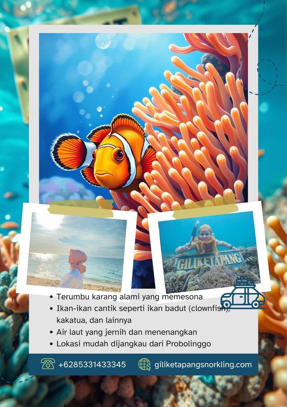 Mengapa Gili Ketapang?
Terumbu Karang alami yang mempesona. Ikan-ikan Cantik seperti ikan badut (clownfish), kakatua dan lainnya. Air laut jernih dan menenangkan. Lokasi mudah dijangkau.